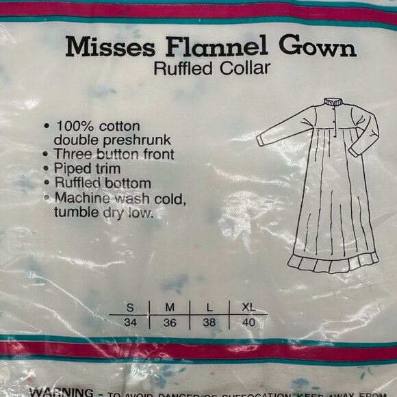 Vintage Flannel Nightgown Favorites Blue White 1980s Hong Kong Floral Small - Picture 5 of 8